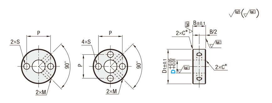 セットカラー　止めねじ固定　２ホール/４ホール/２タップ/４タップ タイプ 外形図1