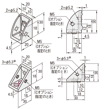 ５シリーズ（溝幅６ｍｍ）　－１列溝用－　突起付反転ブラケット:関連画像