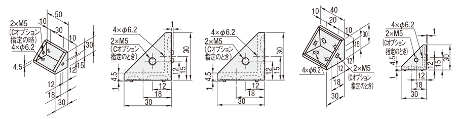 ６シリーズ（溝幅８ｍｍ）－２列溝用－　突起付反転ブラケット　取付穴４個タイプ:関連画像