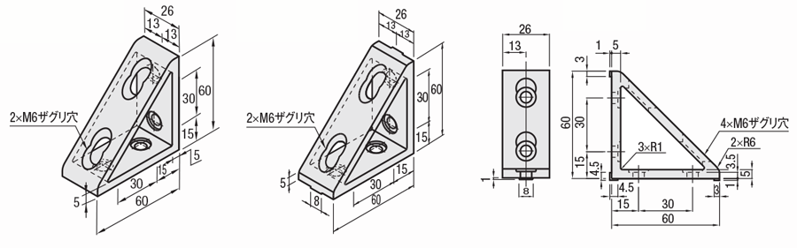 ６シリーズ（溝幅８ｍｍ）－１列溝用－　トライアングルブラケット:関連画像