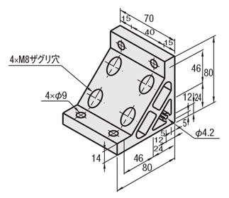 ８シリーズ（溝幅１０ｍｍ）－２列溝用－押出極厚型ブラケット　取付穴8個タイプ:関連画像