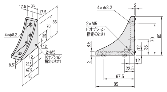 ８－４５シリーズ（溝幅１０ｍｍ）－１列溝用－　突起付反転ブラケット　取付穴4個タイプ:関連画像