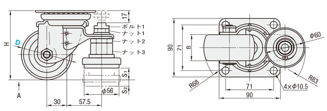 アジャスタ付キャスタ　重荷重:関連画像