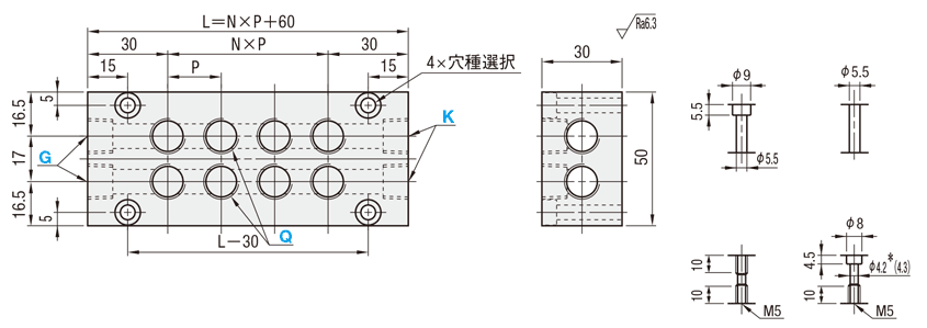 水圧・エア用ブロックマニホールド　２連　－横貫通穴・上穴タイプー　ＢＭＢＷ□シリーズ:関連画像