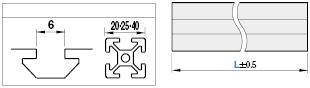 アルミフレーム　５シリーズ　Ｌ字形状　４０×４０×２０ｍｍ:外形図