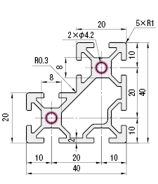 アルミフレーム　５シリーズ　Ｌ字形状　４０×４０×２０ｍｍ:外形図