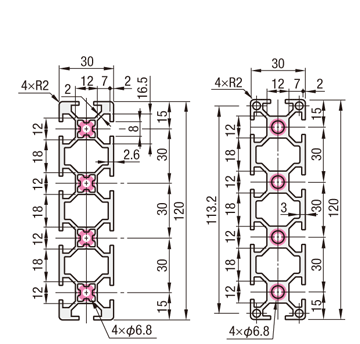 アルミフレーム　６シリーズ　長方形　３０×１２０ｍｍ　３列溝以上　４面溝:関連画像