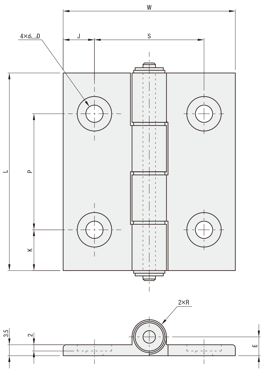 エコノミーシリーズ　アルミ合金製蝶番　極低頭ボルト穴タイプ　寸法図