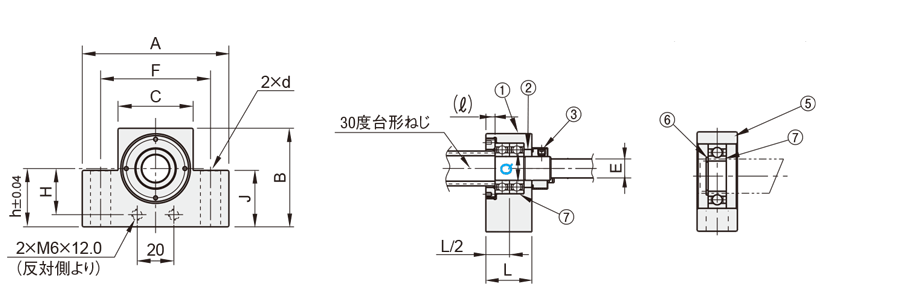 【エコノミーシ リーズ】 30度台形ねじ用 サポートユニット角型　固定側　海外製ベアリング 外形図