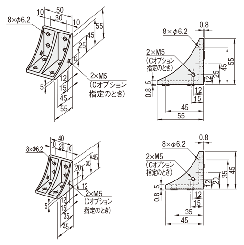 ６シリーズ（溝幅８ｍｍ）－２列溝用－　突起付反転ブラケット:関連画像