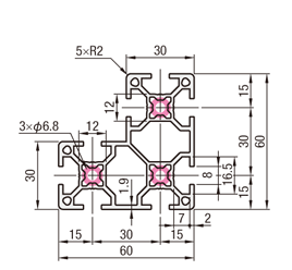 アルミフレーム　６シリーズ　Ｌ字形状　６０×６０×３０ｍｍ:関連画像