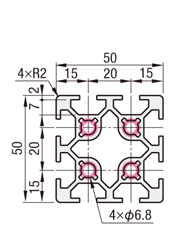 アルミフレーム　６シリーズ　正方形　５０×５０ｍｍ　２列溝　４面溝:関連画像