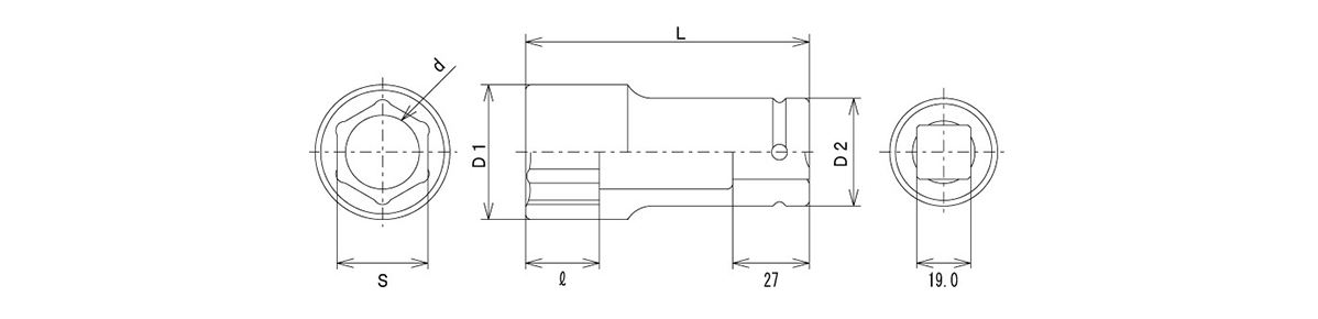 インパクト用ロングソケット（差込角19.0mm） 寸法図