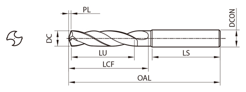 高能率 超硬コーティングソリッドドリル KDA （クーラントホールなし 3Dタイプ） 外形図