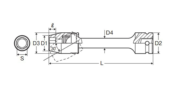 インパクトレンチ用 ユニバーサルエクステンションソケット 差込角9.5mmの寸法図