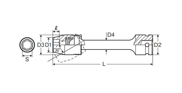 インパクトレンチ用 ユニバーサルエクステンションソケット 差込角12.7mmの寸法図