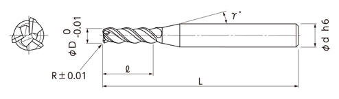 AL3D-345R アルミ用高能率ラジアスエンドミル 3枚刃3倍刃長 外形図