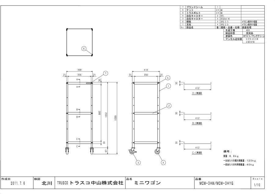 ミニキャビネット MCW-3HW/MCW-3HYG図面