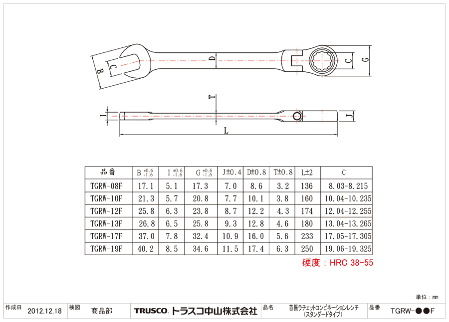 首振ラチェットコンビネーションレンチ（スタンダードタイプ） 図面