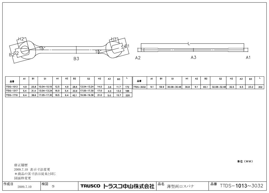 ミラータイプ両口スパナ 図面
