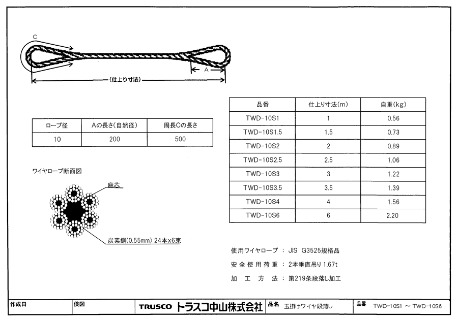 玉掛けワイヤロープ 段落とし（サツマ加工） スリング径10mmタイプ 図面