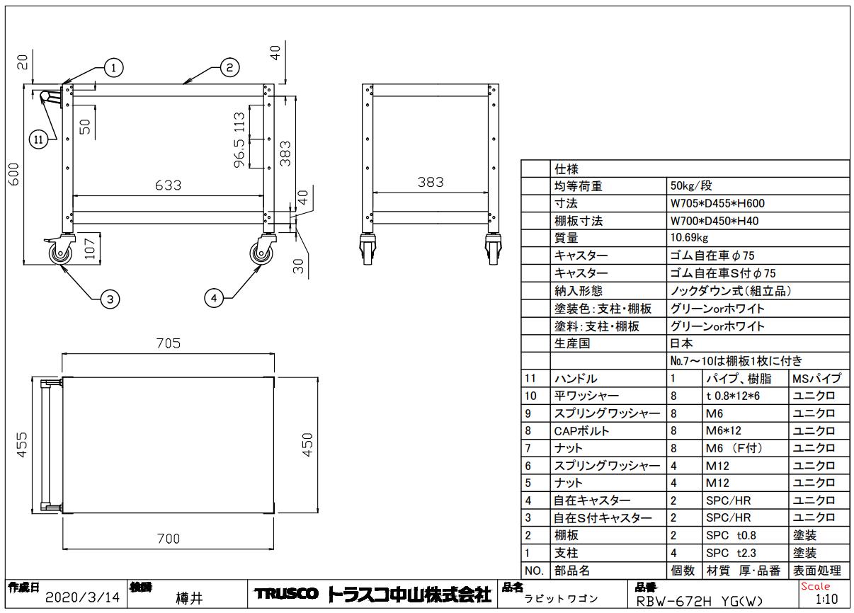 ラビットワゴン 600×400mm ハンドル付 ゴム車輪 W色 図面