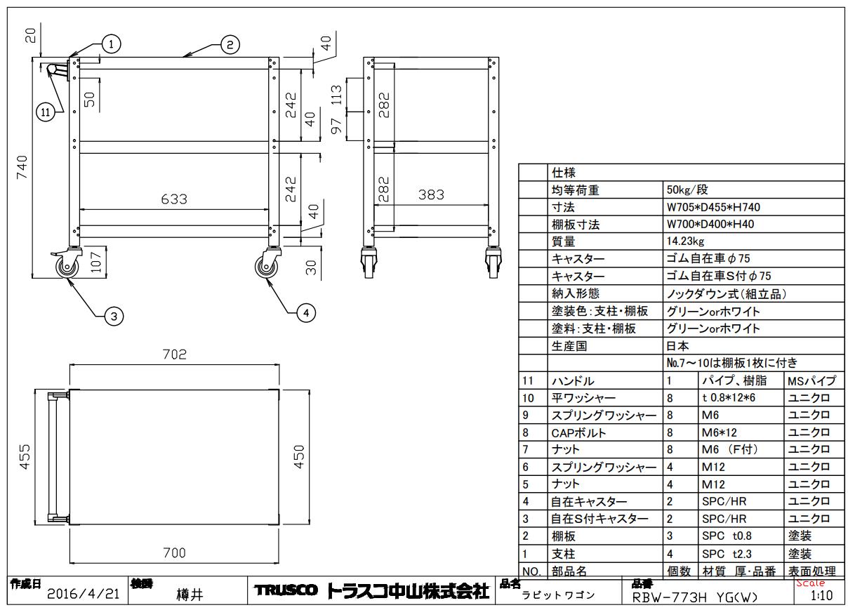 ラビットワゴン 600×400mm ハンドル付 ゴム車輪 W色 図面