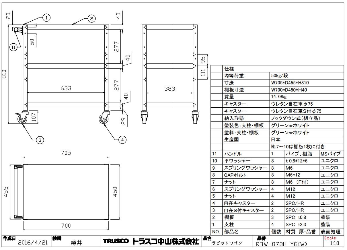 ラビットワゴン 600×400mm ハンドル付 ゴム車輪 W色 図面