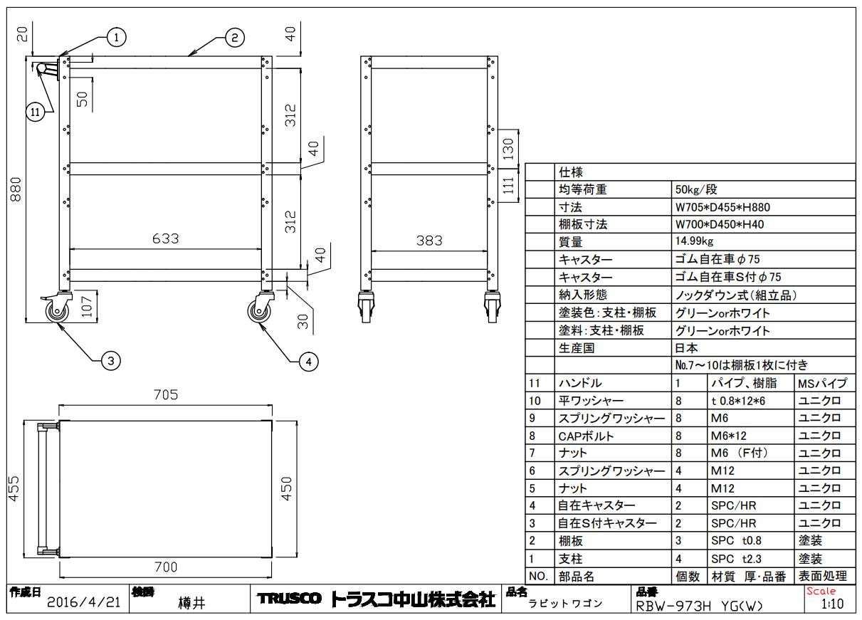 ラビットワゴン 600×400mm ハンドル付 ゴム車輪 W色 図面