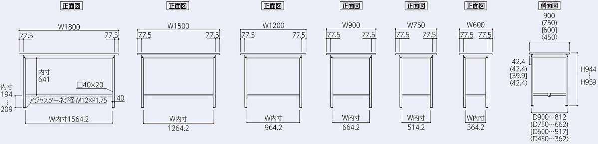 寸法図（中間棚は25mmピッチで上下調節可能。）