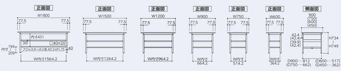 寸法図（中間棚は25mmピッチで上下調節可能。）