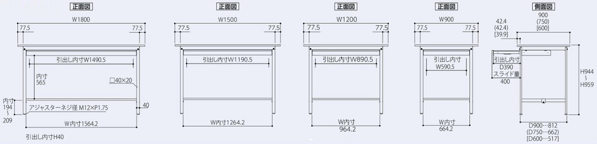 寸法図（ワークテーブル奥行寸法450mmにはワイド引出しを取付できない。）