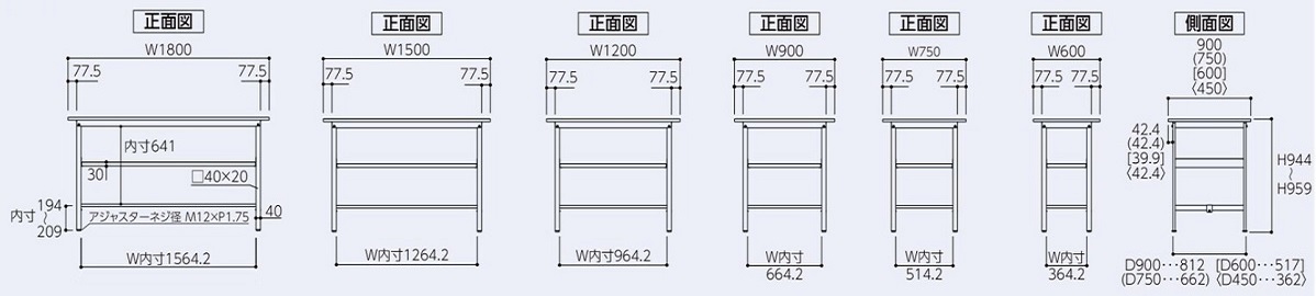 寸法図（中間棚は25mmピッチで上下調節可能。）