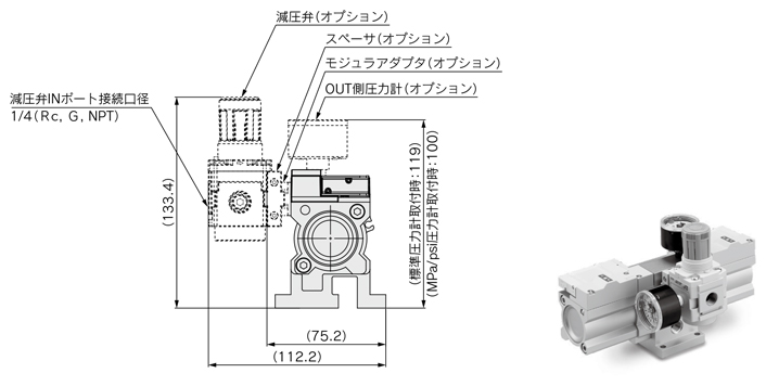 増圧弁 排気エア再利用タイプ VBAEシリーズ 外形図-2