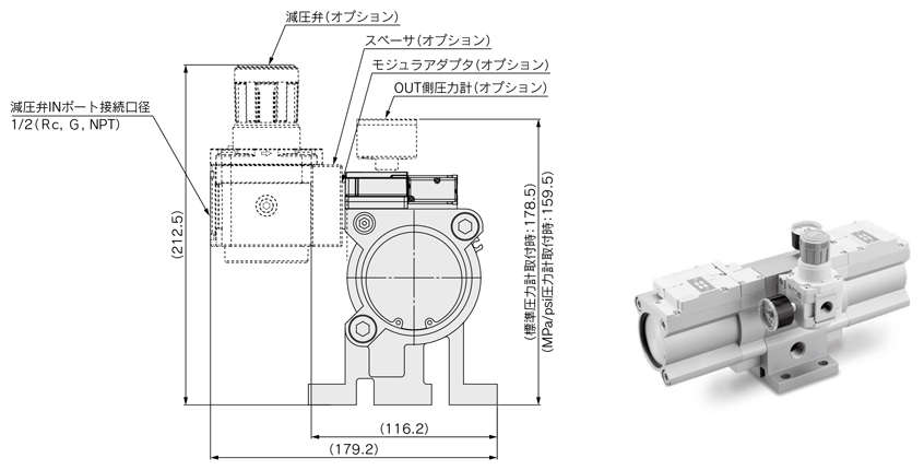 増圧弁 排気エア再利用タイプ VBAEシリーズ 外形図-4