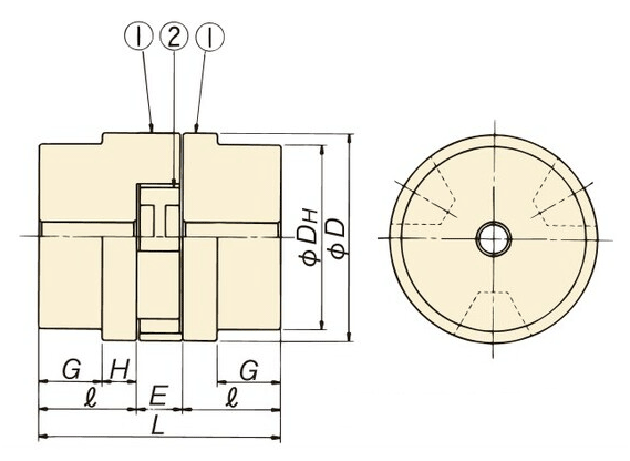 ジョーフレックスカップリング Lシリーズ 焼結ハブタイプ 穴加工品 形状3外形図